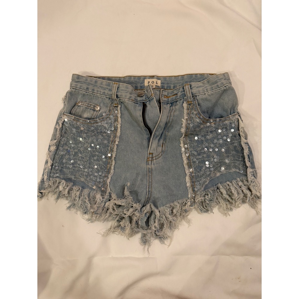 POL Women Light Wash Distressed Denim Shorts Sequin Lace Detail Size S